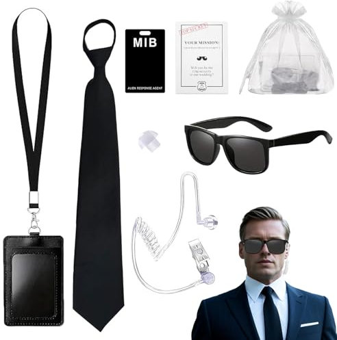 WanderGo Agent Kostüm Zubehör, 7 Stück Geheimagent Kostüm Zubehör, Men in Black Verkleiden Zubehör mit Krawatte, Sonnenbrille, Kartenhalter, Kopfhörer Rohr, Karte, Tratsch für Erwachsene Kind Cosplay
