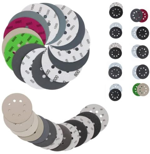50 PCS Dischi Abrasivi 125 mm Carta Abrasiva Eccentrica 60 120 240 400 600 800 1000 1500 2000 3000 Carta Vetrata per Levigatrice Orbitale 8 Fori per Metallo Legno Vernice Auto