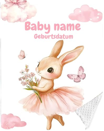 Babydecke mit Namen und Geburtsdatum kuschelig weich Baby Decken Neugeborenen,Flauschige Warme Krabbeldecke für Kinder Kleinkinder Mädchen Junge Baby Shower Deko Babypart(Kaninchen