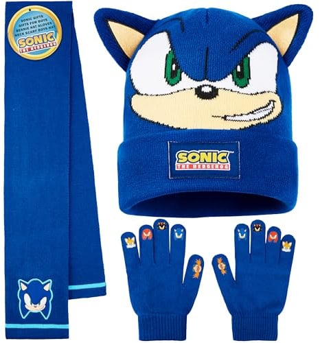 SONIC THE HEDGEHOG Mütze Winter Set Jungen, Mütze, Schal & Handschuhe 3-Teilig, Warm & Weich, Geschenk für Jungs