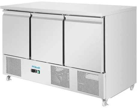 Polar U-Series Ventilated 3 Door Saladette Counter, 358Ltr | Ventilated commercial cooling system provides uniform temperature control across prep and storage zones.