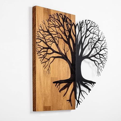 Elegante Wanddekoration aus Holz, 58 x 60 cm | 50% Holz (3 cm dick) & 50% Metall | Einzigartige Walnuss- und Schwarz-Optik, perfekt für Ihre Wohnräume