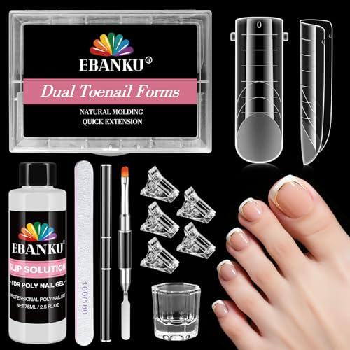 EBANKU 120 PCS Poly Gel Nail Forms for Toes with 75ml Slip Solution, Long Square Dual Forms for Polygel Nail Extension Poly Gel Toenails Set