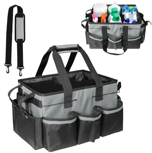 HUAXITRA Cleaning Caddy Bag with Handle - XXL 900D Waterproof Cleaning Tote for Housekeepers, Adjustable Shoulder Strap, Extra Large Multi-Pocket Storage Organizer for Cleaning Supplies (Grey)