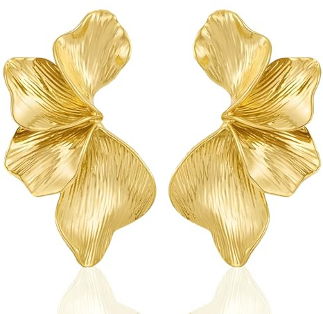 Gold Statement Earrings for Women, Sculptural Floral Summer Earrings with Textured Petal Design, Vintage Bohemian Dangle Earrings, Trendy Accessories for Parties and Daily Wear