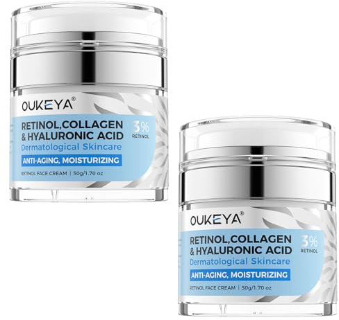 OUKEYA 3% Retinol Creme + 5% Niacinamid & Hyaluron - Anti-Aging Gesichtspflege mit Acetyl Hexapeptide-8 gegen Falten, Pickel und Pigmentflecken, feuchtigkeitsspendend & hautstraffend, 2 x 50g