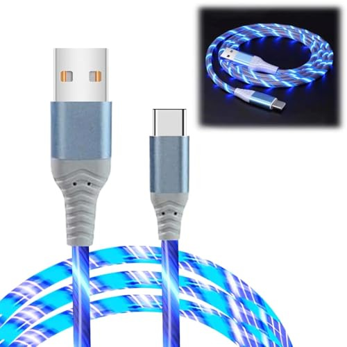 USB C Charger Cable 2M, 60W Fast Charging & Data Transfer, LED Light Up Braided Type C Cable, USB A to USB C for Samsung Galaxy S24, S23, Note 10, Huawei P9, Pixel 7, iPad, Switch, PS5, Blue