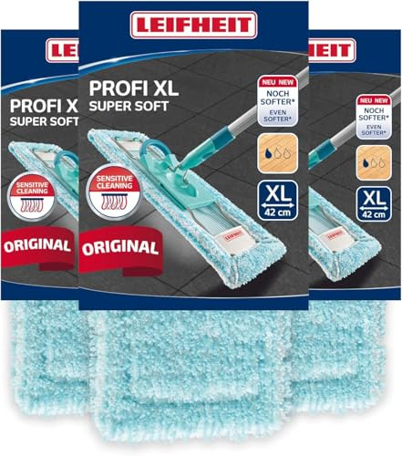 Leifheit Wischbezug Profi XL Super Soft, 3er Set für Parkett | 3er Set, für Laminat und Kork, minimale Wasseraufnahme, schlierenfrei, 60°C waschbar, passend für Profi XL Bodenwischer