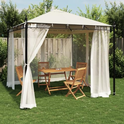Pavillon mit Netzwänden, Creme, 2,93x2,93 m, Stahlrahmen, UV- & wasserbeständig, Gartenlaube für Terrassen, Insektenschutz, Outdoor-Canopy-Gazebo