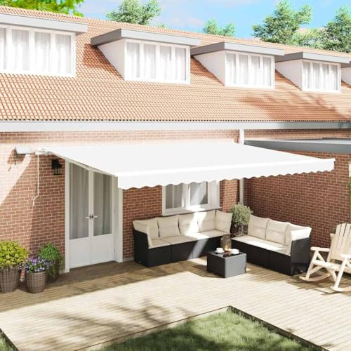 Owoxanthellate Tenda da sole retrattile, bianca, 500 x 350 cm, manuale, resistente ai raggi UV e telaio in acciaio, moderna, protezione solare, balcone, giardino, terrazza, con illuminazione a LED