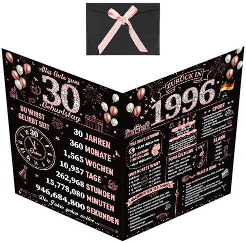 YOMOVER Geburtstagskarte 30 Frau, Schwarz Rosé Gold Karte 30 Geburtstag Für Frauen, Alles Gute Zu 30 Geburtstag 1996 Geburtstagskarte Geschenk Mit Umschlag