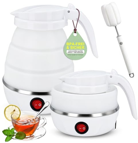Faltbarer Wasserkocher 600ml Reisewasserkocher Klein Silikon Wasserkocher | Camping Faltbar Wasserkessel, 5 Minuten Schnelles Kochen, Reise Wasserkocher für Reise Camping Büro Outdoor Wandern ( Weiß )