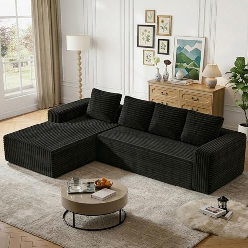 Yihomfy 261cm Canapé d'angle Convertible,Canapé-lit d'angle modulable en Forme de L,Canape Compressé,Canapé 3 Places Modulable avec Coussins, Poche Latérale,Canapé 2 Places + Coin Méridienne (A-Noir)