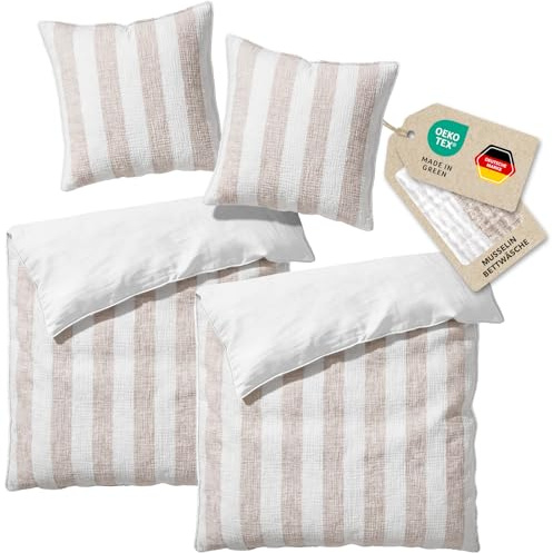 Pure Label Musselin Bettwäsche Set 4-TLG. 2x155x220cm 2x80x80 weich, Beige | Anschmiegsam, atmungsaktiv und gestreift für gemütlichen Schlafkomfort