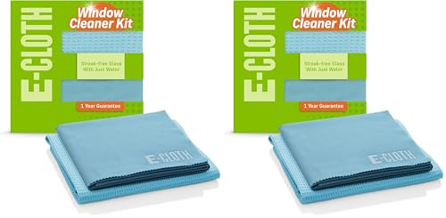 E-Cloth Window Cleaner Kit - Streak-Free Glass Cleaning Cloth, Microfiber Towel Kit for Windows, Car Windscreens, Mirrors - Blue (Pack of 2)