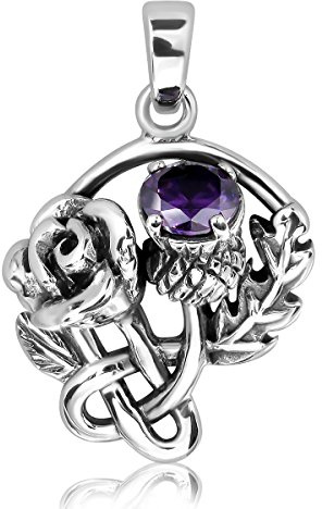 WithLoveSilver Anhänger aus 925er Sterlingsilber, schottische Distel, Rose, rund, simulierter violetter Zirkonia, Metall, Zirkonia, Metall, Zirkonia