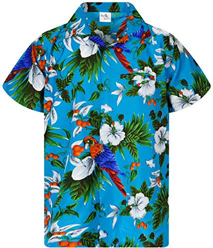 King Kameha Funky Chemise-Hawaienne, Manche-Courte, Cherry-Parrot, Turquoise, XS
