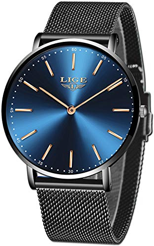 LIGE Herren-Armbanduhr, schwarz, ultradünn, Edelstahl, modisch, einfach, für Männer, Business, analog, Quarz, blau, Armband