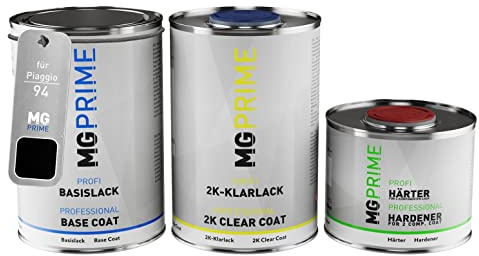MG PRIME Barattoli di Vernice per auto per Piaggio 94 / NN Nero Lucido 2,5L | Schwarz Lucido, Kit vernice di base + trasparente 2K + indurente, pronto all'uso