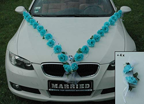 Rosen Girlande Braut Paar Rose Deko Dekoration Autoschmuck Hochzeit Car Auto Wedding ®Auto-schmuck Deko PKW (Türkis/Weiß)