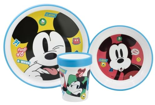 Mickey Mouse 3Pcs Coloured Premium Micro Dining Set - Plate, Bowl and Tumbler Dinnerware Set for Children, Multicolour