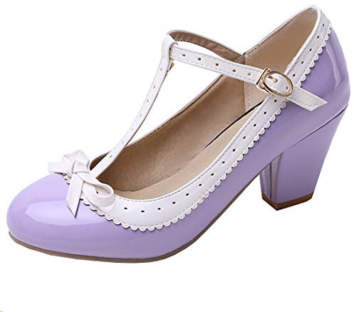 Etebella Damen T Strap High Heels Lack Pumps mit Blockabsatz und Schleife Rockabilly Vintage Schuhe(Lila,39)