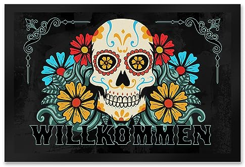 speecheese Willkommen Fußmatte XXL in 50x75 cm mit Totenkopf und Blumenmotiv bunter Fußabstreifer mit Totenschädel kreative Dekoration für den Hauseingang