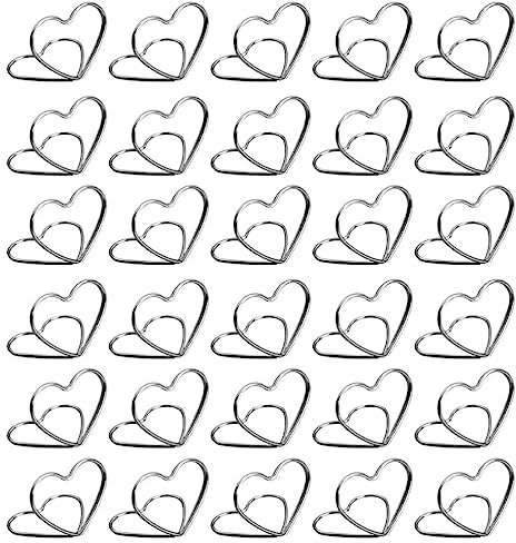 Garneck 30 clip per numeri da tavolo, a doppio cuore, segnaposto, per foto, in metallo, per matrimoni, ufficio (argento)