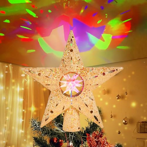 Puntale Albero Natale Stella 26CM con Proiettore di Fiocchi di Neve 3D,con cavo di alimentazione di 286cm/113,Puntale Albero Natale Luminoso Animata Addobbi Natale per Decorazioni Albero di Natale