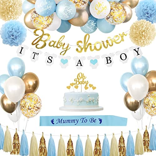 Sancuanyi Babyparty Deko Junge,Baby Shower Deko Boy,Blau Weiß Babyshowerparty Deko mit Mummy to be Schärpe , Luftballons, Baby Shower Banner für Jungen Boy Party Dekoration