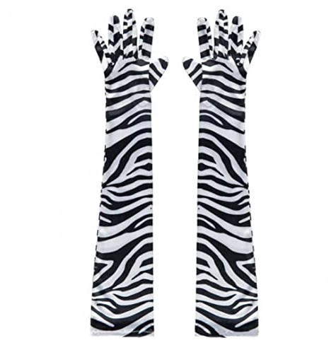 Vepoty Damen Fäustlinge Vintage Zebra Print Vollfinger Lange Handschuhe Oper Ellenbogen Satin Handschuhe für Hochzeit Abschlussball Opernparty