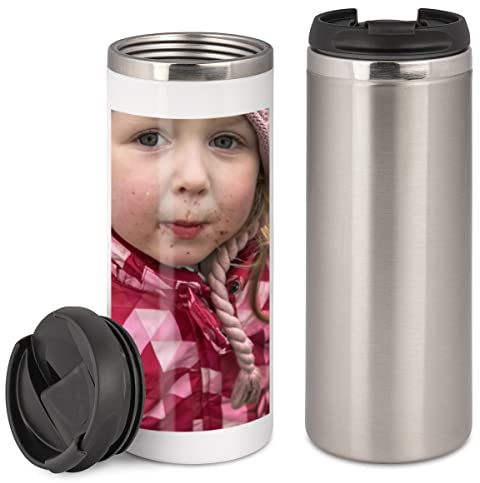 Thermobecher Edelstahl Bedrucken mit Foto personalisieren 340 ml in weiß oder silber