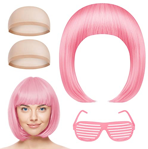 AOMIG Bob Perücke Damen, Kurze Perücke mit Pony, Synthetische Neon Perücke Frauen Bob Wig mit Neonbrille und haarnetz für Halloween Cosplay Party Karneval Fasching(Rosa)