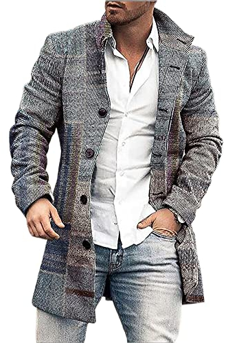 Langarm Jacke Herren Slim Fit Stehkragen Knopfleiste Tweed-Mantel Herren Mittlere Länge Einfarbig/Kariert Casual Jacke Herren Täglich Pendeln All-Match Mode Jacke Herren DY-21 XL