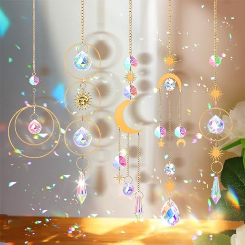 Yomaido 5 Stück Sonnenfänger Kristall Windspiel Hanging, Sun Catcher Regenbogen Sonne Mond Kristalle Anhänger für Fenster, Garten, Hochzeit Party Dekoration