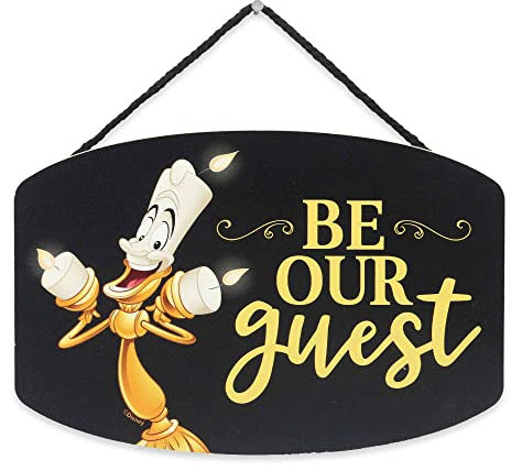 Disney Die Schöne und das Biest Lumiere Be Our Guest Hängende Holz-Wanddekoration – lustiges Schild für Gästezimmer oder Eingangsbereich