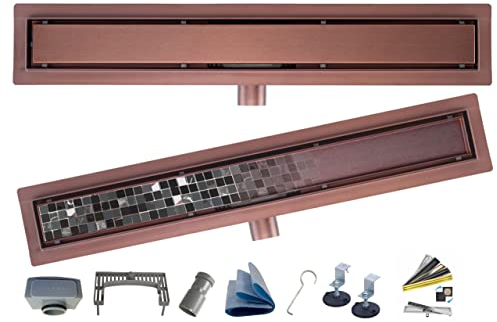AQUA HEATING Caniveau de Douche Italienne avec Siphon Grille Sol de Douche Linéaire Acier Inoxydable Cuivre 90 cm
