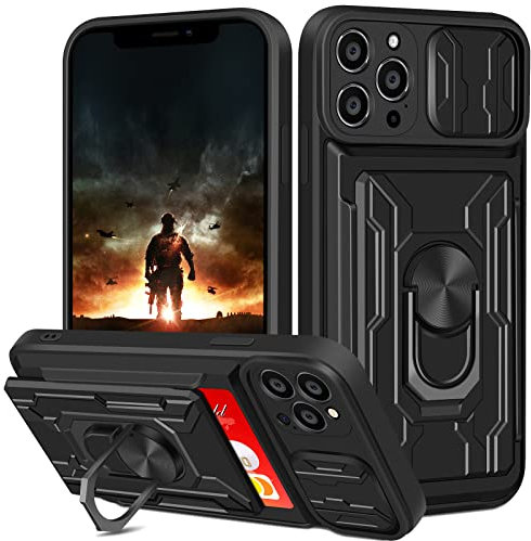 Aolcev for iPhone 13 Pro Max Case with Card Holder Wallet Case with Camera Cover Ring Kickstand Heavy Duty Hard PC Soft TPU Bumper Armor Shockproof Protective Case Cover for iPhone 13 Pro Max-Black