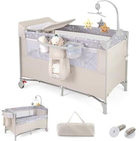 LIFEZEAL Faltbares Babybett mit Wickeltisch, Reisebett Baby mit Spielbogen und Musikglocken, Mobiles Kinderreisebett mit Aufbewahrungstasche, für Baby 0-36 Monate (Beige)