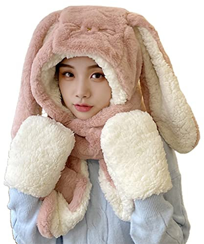Süßer langohriger Hasenhut, Schal, Handschuhe, Winter, warm, Plüschmütze, Kapuzenpullover, Geschenk für Halloween, Weihnachten, Neujahr, Erntedankfest