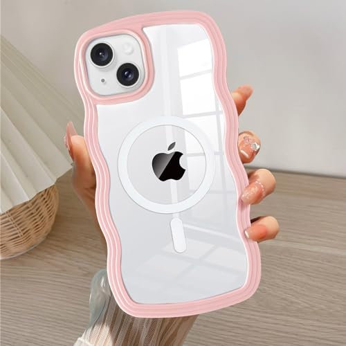 QLTYPRI Magnetic for iPhone 13 Case/iPhone 14 Case Compatible with Magsafe, Cute Curly Wave Frame Clear Case for Girls Women, Transparent TPU Bumper Shockproof Phone Case Cover for iPhone 13/14- Pink