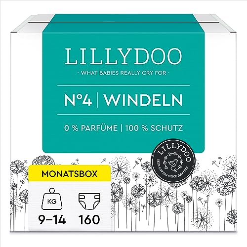 LILLYDOO hautfreundliche Baby Windeln - Größe 4 (9-14 kg),Monatsbox (160 Stück), Sicherer Auslaufschutz, Weich, Ohne Parfüme & Lotionen für empfindliche Haut, Dermatologisch getestet
