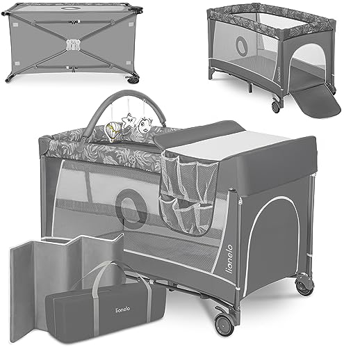 Lionelo Flower 4in1 Reisebett Baby, Laufstall Baby mit Seiteneingang, Wickeltisch, Zwei Matratzenaufhängungshöhen, Spielzeugbogen mit Spielfiguren, Rollen, Tragetasche