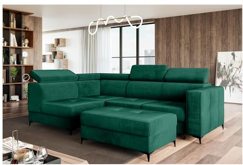 MEBLINI Schlafcouch mit Bettkasten - Ecksofa mit Schlaffunktion - Sofa mit Relaxfunktion und Kopfstützen - Couch L-Form - Eckcouch - Wohnlandschaft - Dorian - 263x232x89cm Links - Grün Samt