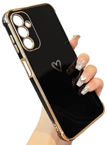 ZTOFERA Hülle Kompatibel mit Samsung Galaxy A15 5G, Handyhülle für Samsung A15 4G, Mädchen Silikon Schutzhülle mit Herz Muster Goldener Rand Weiche Stoßfest Bumper Cover, Schwarz
