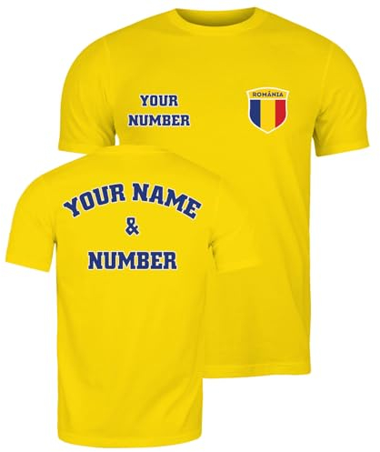 lepni.me Mens Personalised Football Jersey Romania | Your Name and Number | Romanian Flag Badge | Custom T-Shirt | Football Championship 2024 (S Yellow Multi Color)