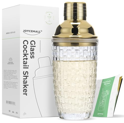 JOYCEMALL Glas Cocktailshaker, 385ML Klarglas Gold Cocktail Shaker Mixer Set mit Edelstahl Lecksicher Messbecher-Deckel & Sieb & Geschenkbox für Zuhause Bar Wein Gemischte Fruchtsäfte Getränke