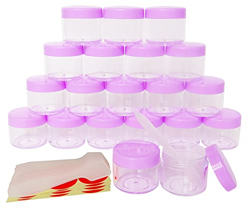 Wopanxye 20 piece 20ml Small Sample Jars, 20 Gram Empty Refillable Cosmetic Container, Plastic Round Pot Screw Cap Lid, Tiny 20g Bottle for Makeup Eye-shadow Nails Powder Jewelry, Free 20pcs Spatulas