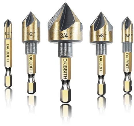 Countersink Drill Bit Set, 5pc, 1/4 Hex Shank, 82 Degree Countersink Holes for Screws to Sit Flush or Under the Surface of Metal Wood Plastic, Sizes 1/4, 3/8, 1/2, 5/8, 3/4 Inches with Storage Case