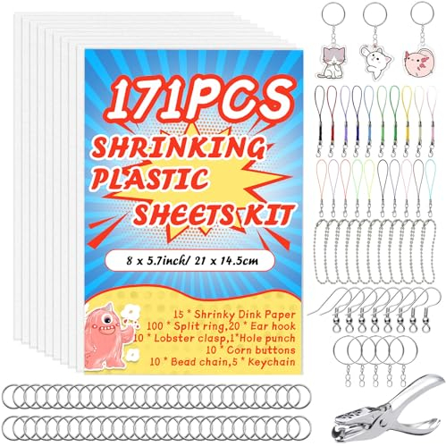 171 Stücks Schrumpffolie Set,Schrumpffolie zum Bemalen,Schrumpffolie Schlüsselanhänger,DIY Handgefertigte Schrumpffolie für Kinder & Erwachsene zum Basteln,20 * 14.5cm